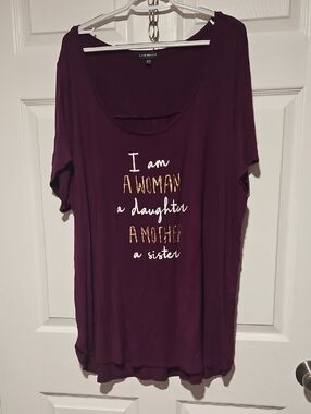 Lane Bryant Purple Graphic Tunic with Gold & White Script